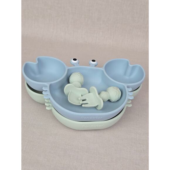 2 Crab Shaped Silicone Sectioned Suction-cupped Plates with Fork and Spoon - Picture 3 of 3